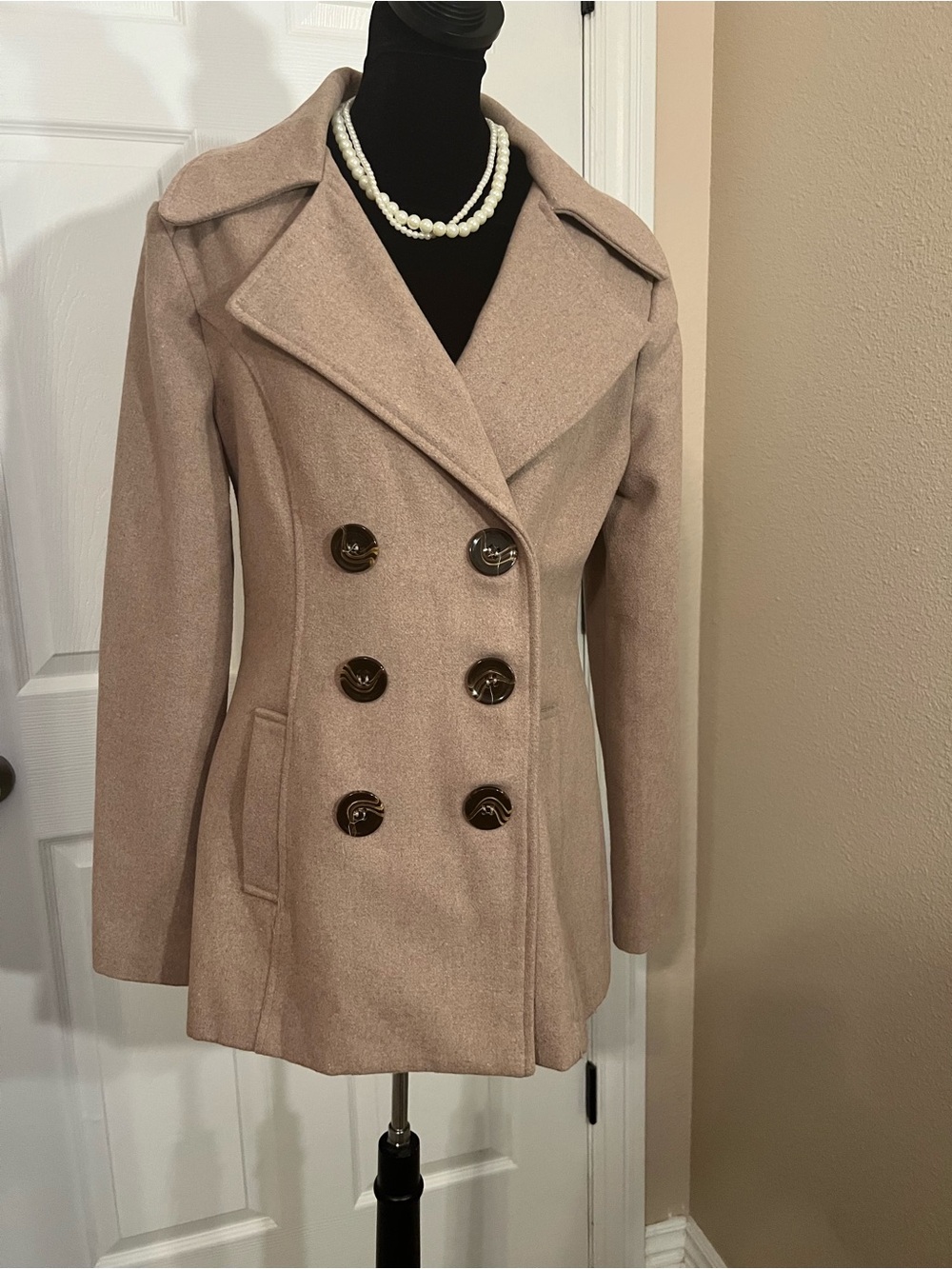 Larry Levine Double-Breasted Wool Pea Coat in Taupe